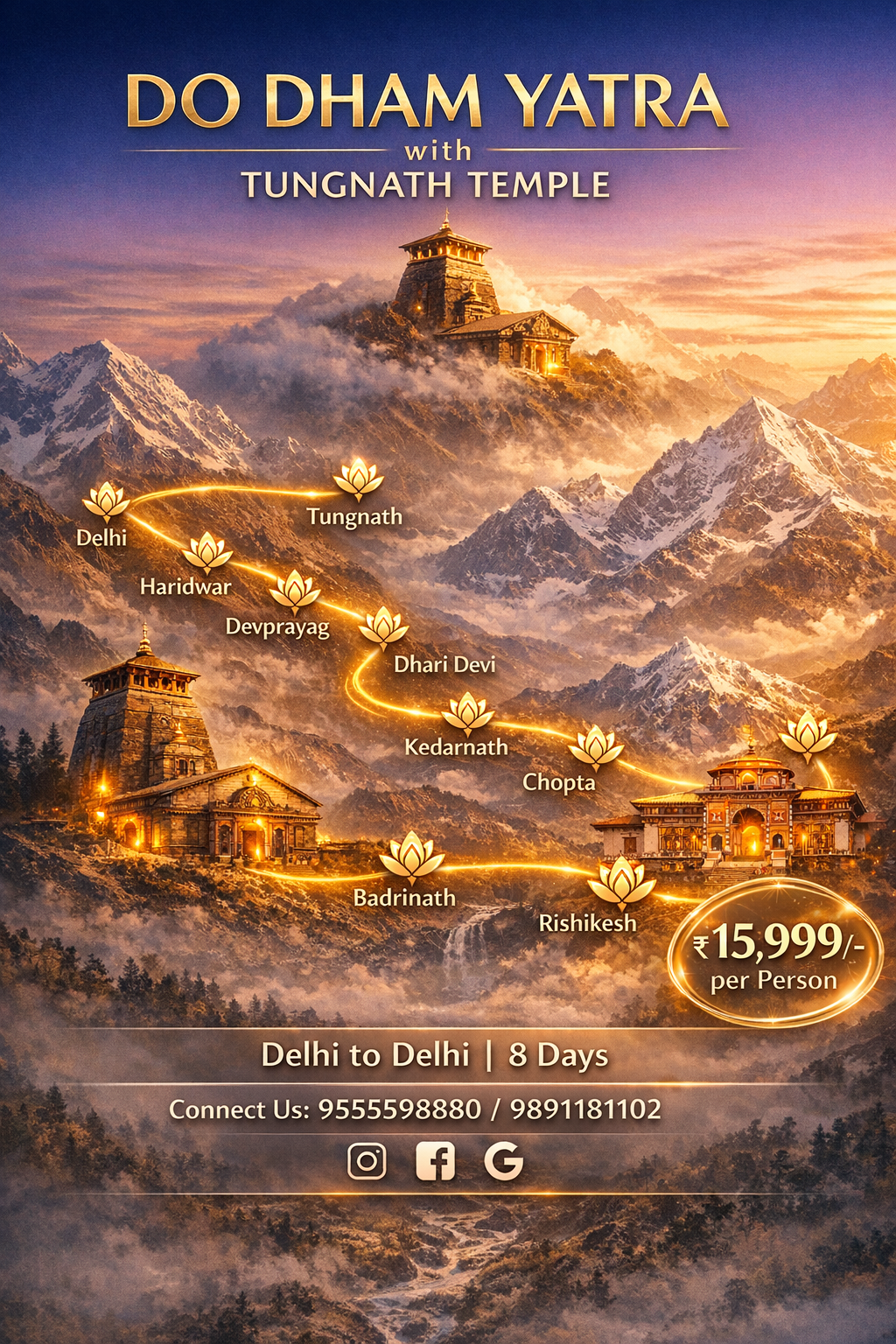 Promotional poster for Shri Kedarnath Dham and Shri Badrinath Dham yatra package